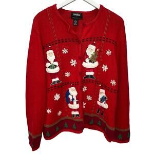 Designers Originals Studio Red Chirtsmas Cardigan Sweater Size XL Santa Trees